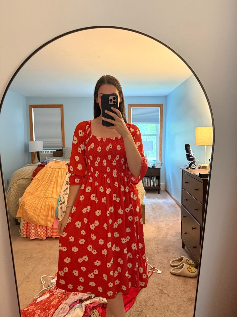 Women's Red Floral Midi Dress with Square Neck and Puff Sleeves